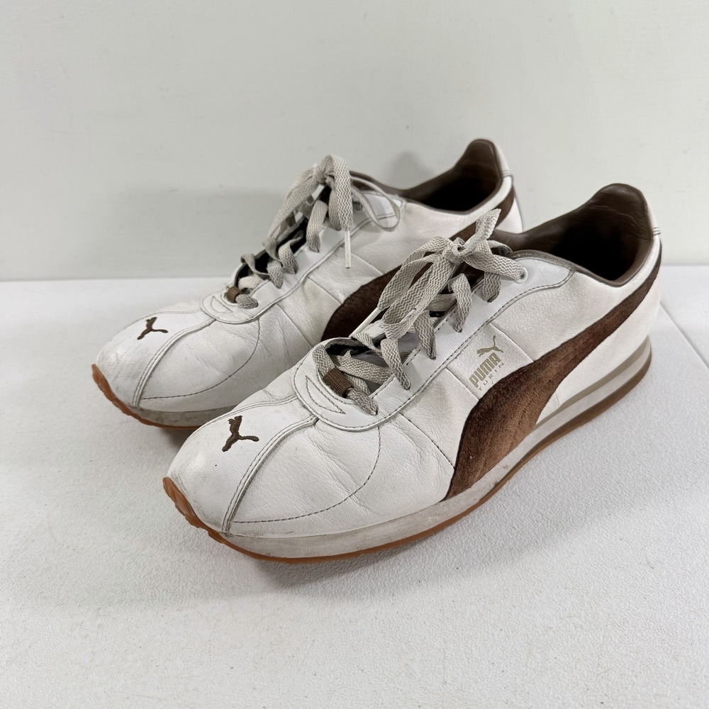 Vintage Puma Turin Men's White Brown Leather Suede Sneakers Shoes Size 11.5